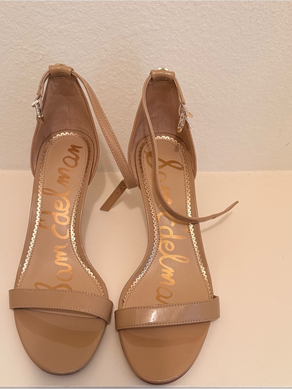 Sam Edelman Beige Patent Ankle-Strap Heels